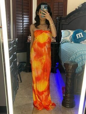 Strapless Tie-Dye Maxi Dress in Orange and Yellow